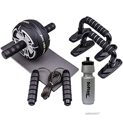 Set multifonctions 6 en 1 avec roue abdominale ABS Wheel support pour pompes corde à sauter tapis de genou et bouteille d'eau Fitness Gris