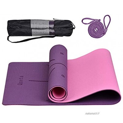 Queta Tapis de yoga antidérapant avec lignes d'alignement tapis de fitness en TPE avec sangle de transport et sac de rangement 183 cm x 61 cm x 6 mm