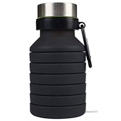 Bouteille d'eau pliable en silicone Erlove réutilisable sans BPA adaptée pour les voyages la gym le camping et la randonnée bouteille d'eau de sport portable étanche avec mousqueton 18 oz noir