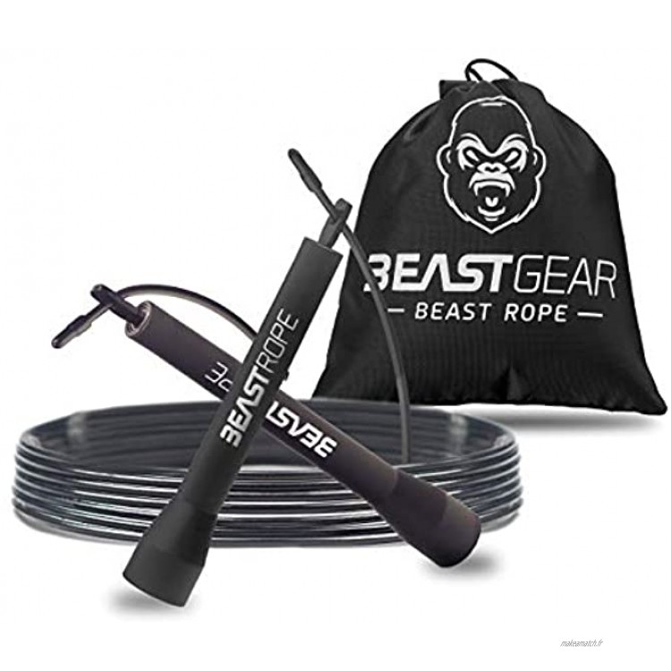 Beast Gear Corde à Sauter Sport – Speed Jump Rope pour Adulte et Enfant – Roulement à Billes et Câble en Acier – Idéale pour Crossfit Musculation Boxe Fitness Gym MMA HIIT Interval Training 2,8 m ajustable