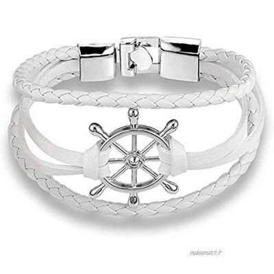 Bracelet en Cuir,Fashion Leather Charm Silver White Bracelets Bracelets Romantique Couple Espère Gouvernail Bangles Léger pour Homme Femme Femme Cadeau Cadeau De Noël
